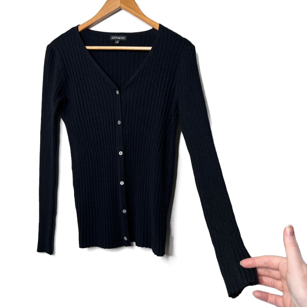EXPRESS Black Ribbed V Neck Button Up Long Sleeve Cardigan Sweater Womens M - Picture 3 of 16